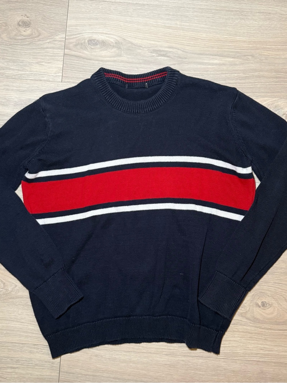 Brandy Melville Navy Crewneck Sweater with Red and White Stripes 100% Cotton